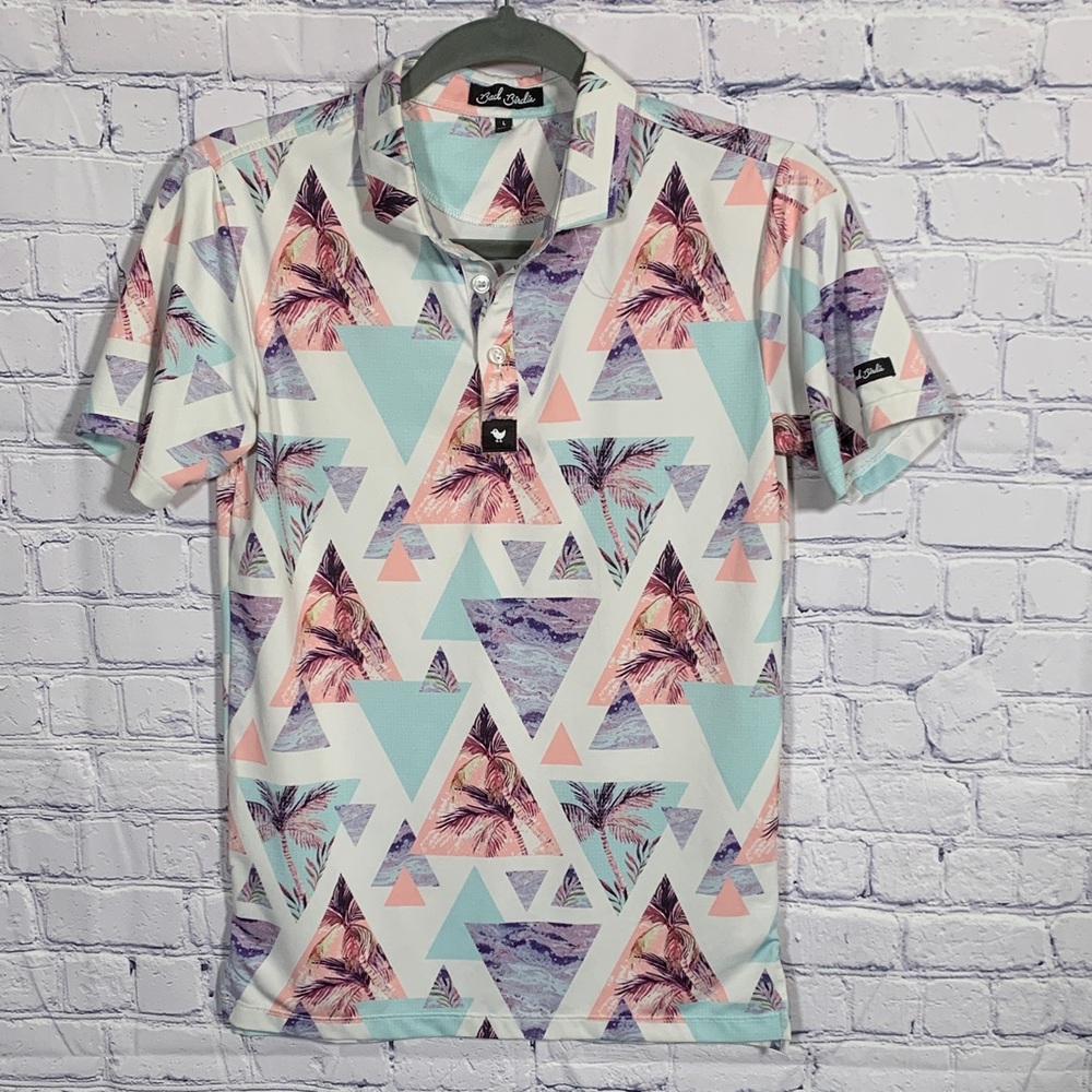 Bad Birdie Mens Cali Polo Short Sleeve Pink Purple Blue Size M Golf Prep Preppy